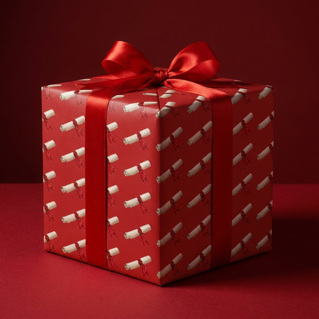 Red graduation wrapping paper with diploma scrolls and a satin bow, by Wrapped Studios.