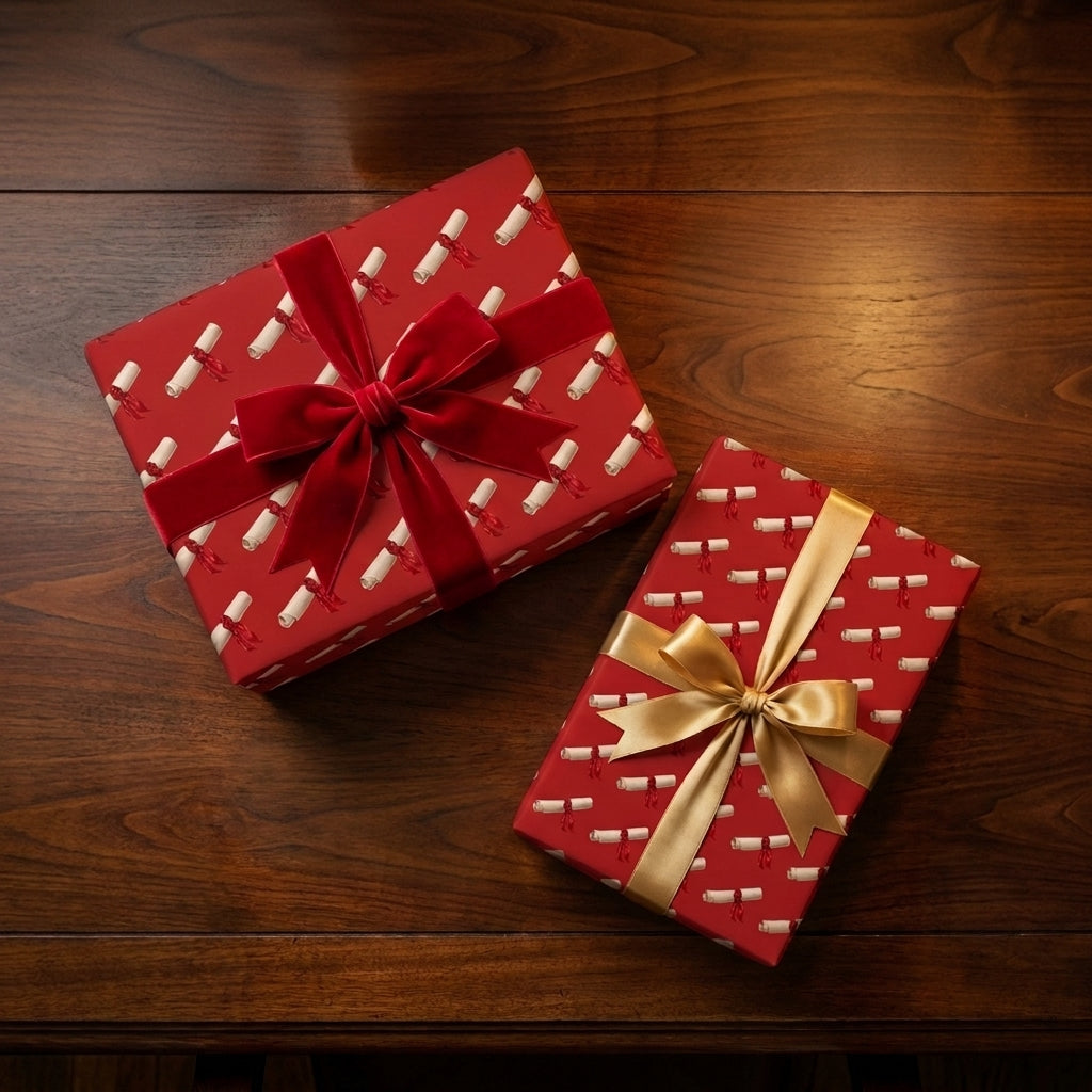Red graduation wrapping paper with diploma pattern and luxury bows by Wrapped Studios.