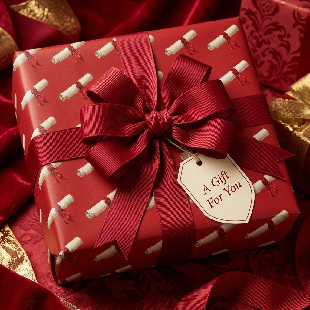 Red scroll pattern luxury gift wrap with a large ribbon bow and gift tag, by Wrapped Studios.