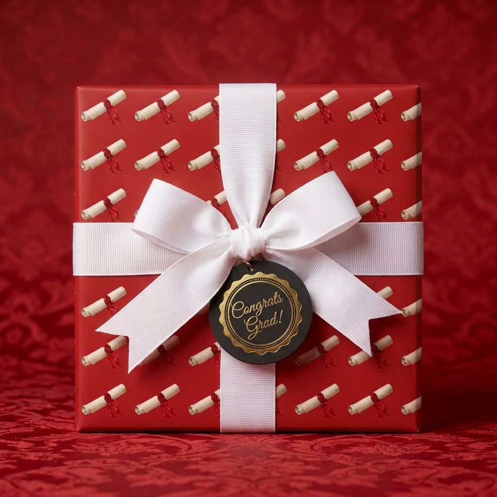 Red graduation wrapping paper with diploma pattern, white ribbon, and Congrats Grad tag by Wrapped Studios.