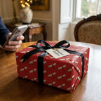Red graduation wrapping paper with diploma print and black bow on a gift box by Wrapped Studios.