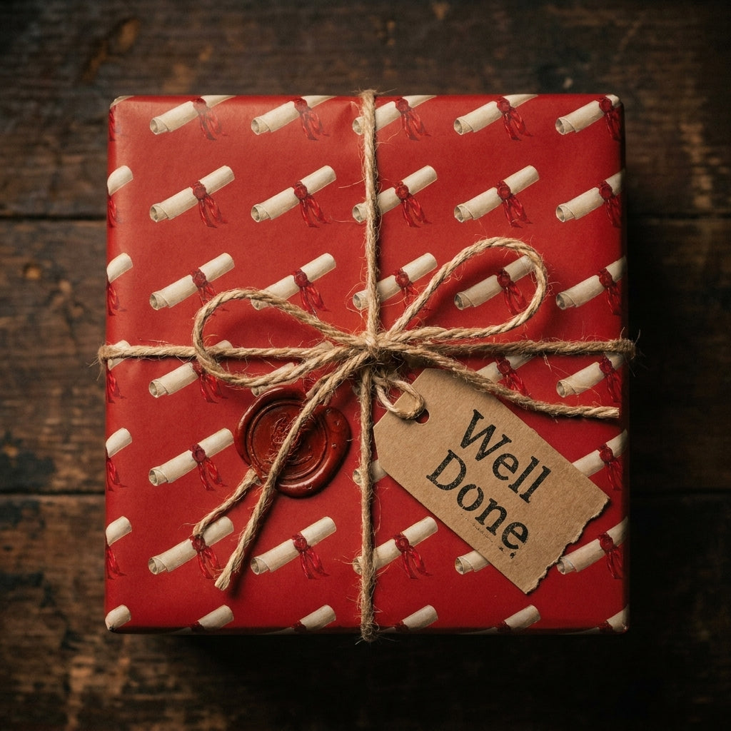 Red graduation wrapping paper with diploma pattern, twine bow, and 'Well Done' tag by Wrapped Studios.