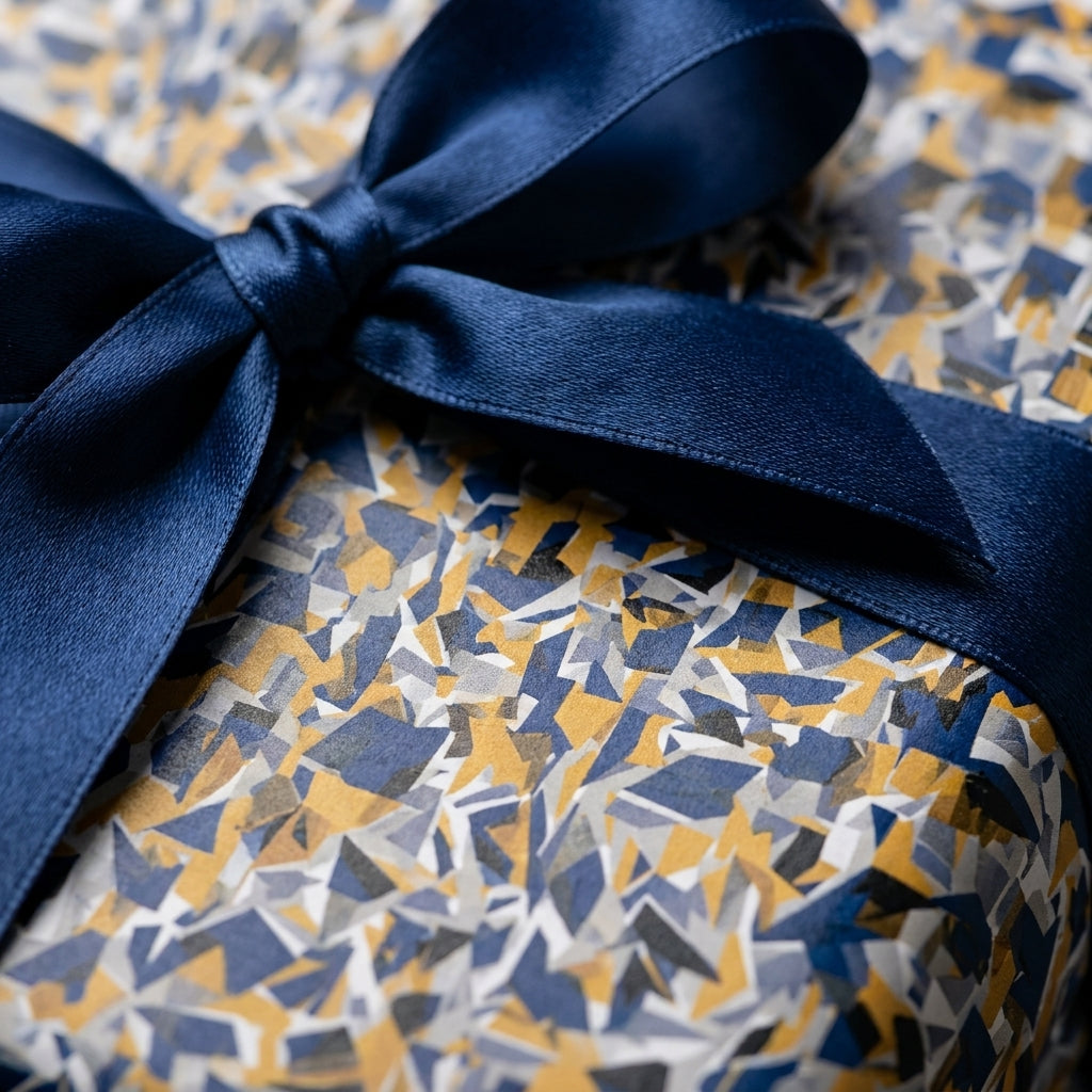 Luxury gift wrapped in modern geometric paper with a navy blue satin bow by Wrapped Studios.