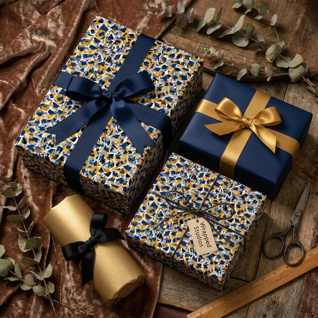 Luxury gift boxes wrapped in modern navy, gold, and white confetti paper from Wrapped Studios with satin ribbon bows.
