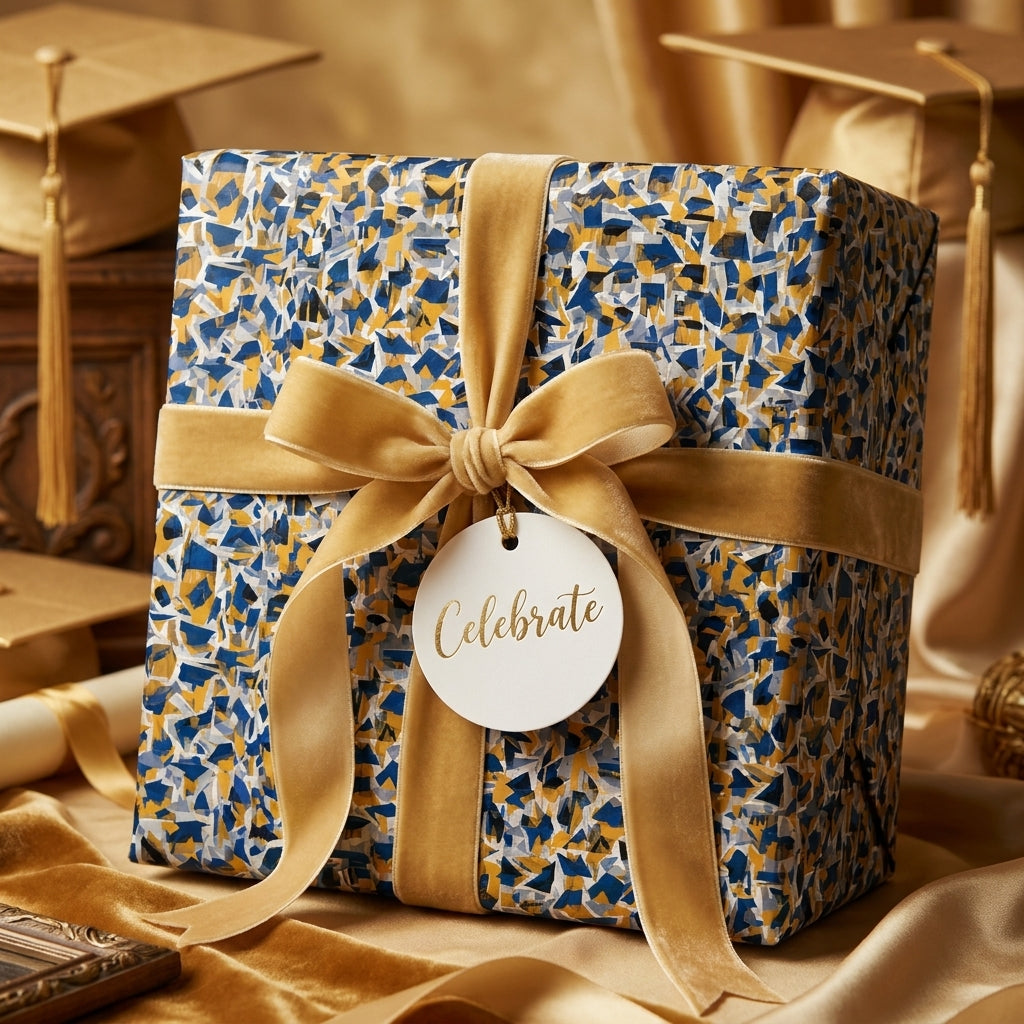 Luxury graduation gift wrapped in mosaic paper with a gold velvet ribbon and 'Celebrate' tag by Wrapped Studios.