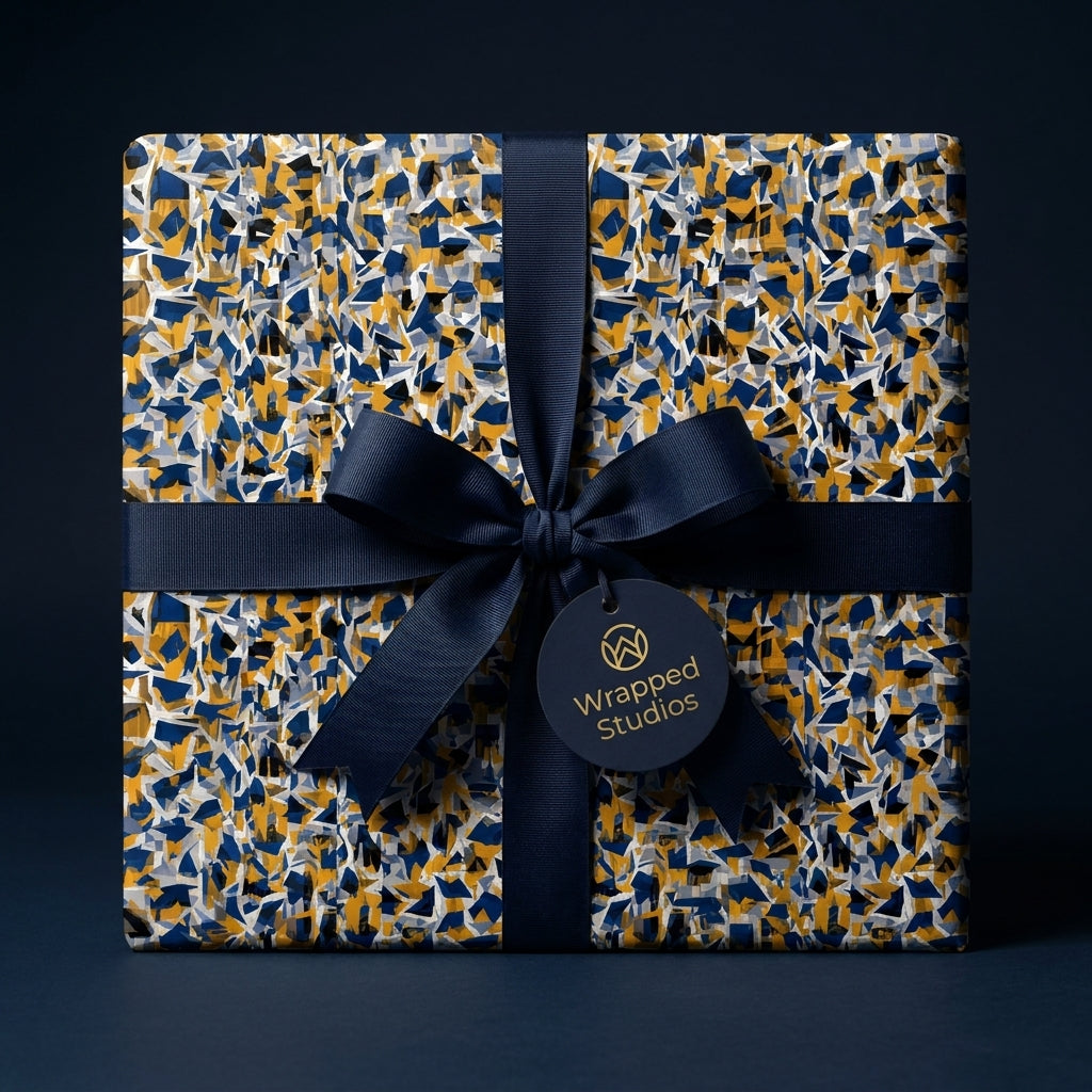 Luxury gift wrapped in modern geometric paper with navy, gold, and white shards, finished with a navy ribbon by Wrapped Studios.