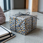Gift box wrapped in modern blue and gold geometric patterned paper with a black string bow, by Wrapped Studios.