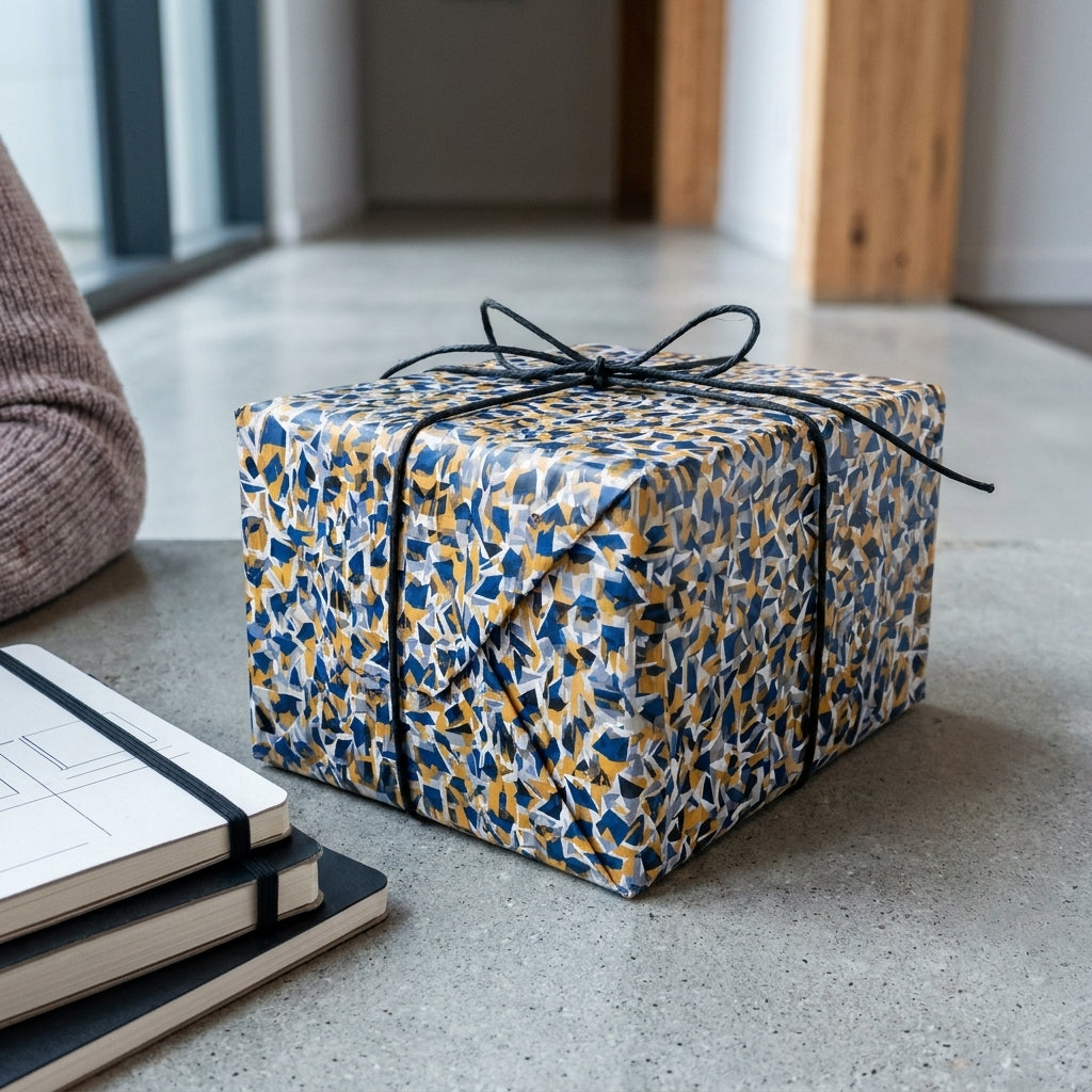 Gift box wrapped in modern blue and gold geometric patterned paper with a black string bow, by Wrapped Studios.