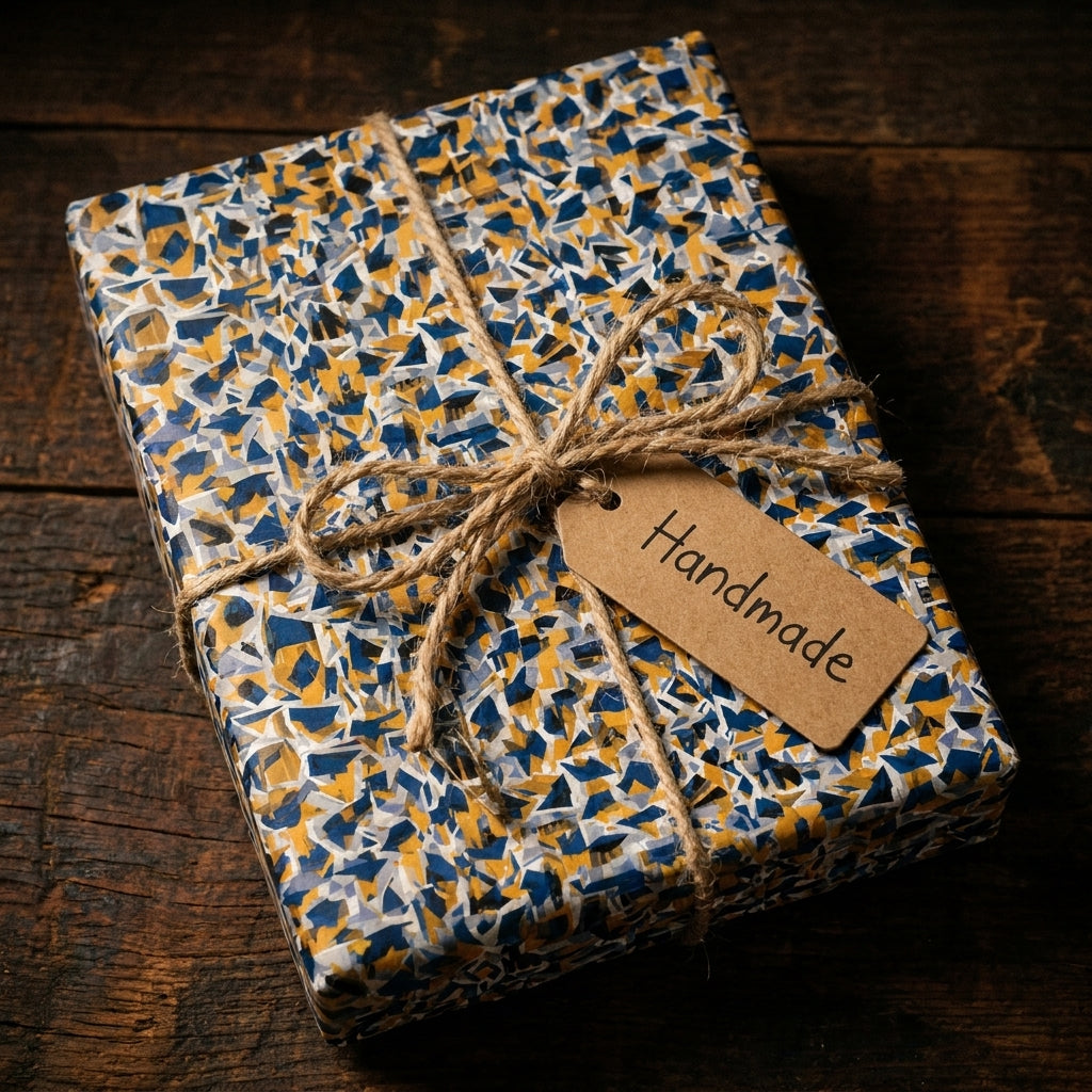 Gift box with abstract blue and gold mosaic wrapping paper, tied with rustic twine and a Handmade tag by Wrapped Studios.