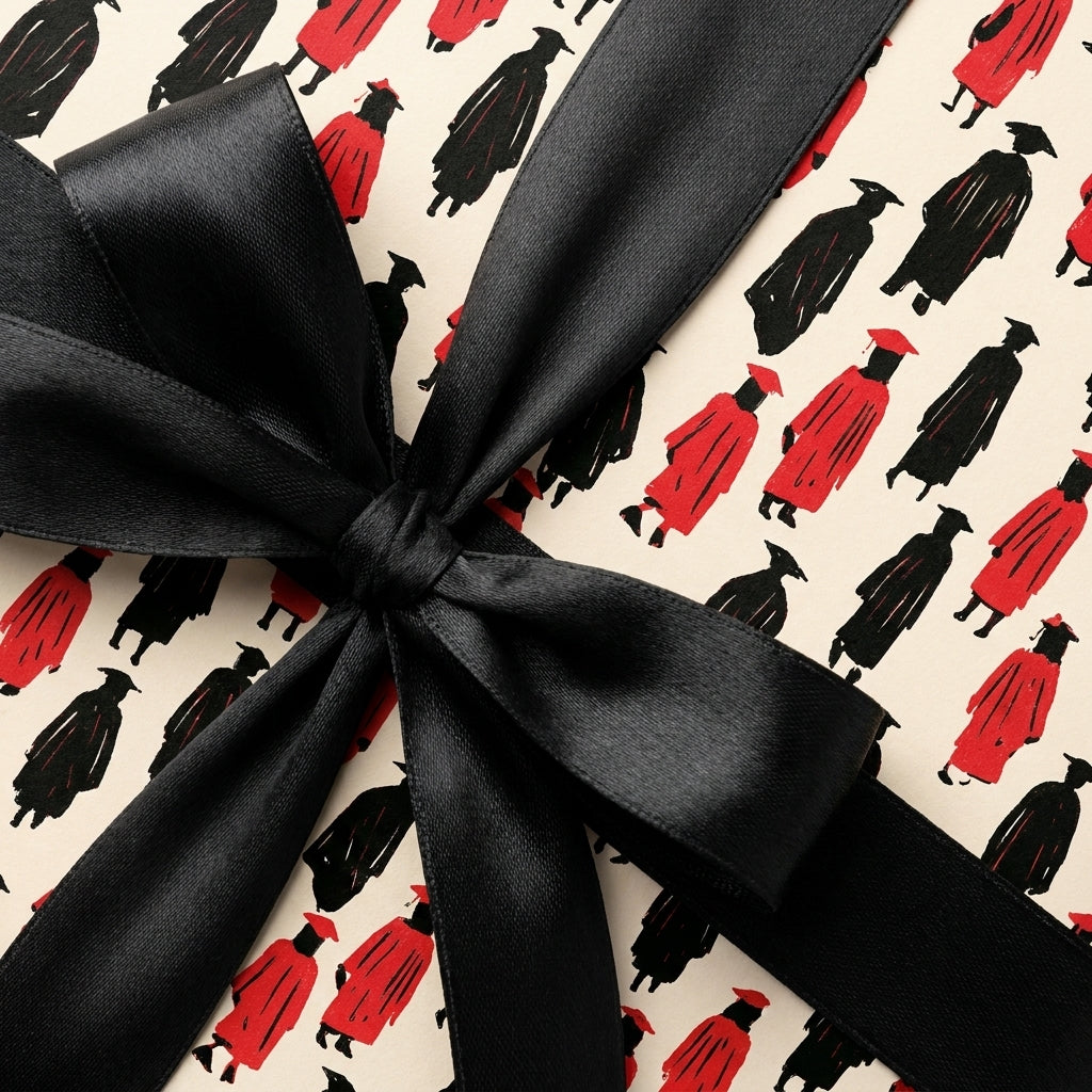 Graduation wrapping paper with a red and black graduate pattern and black satin bow by Wrapped Studios.