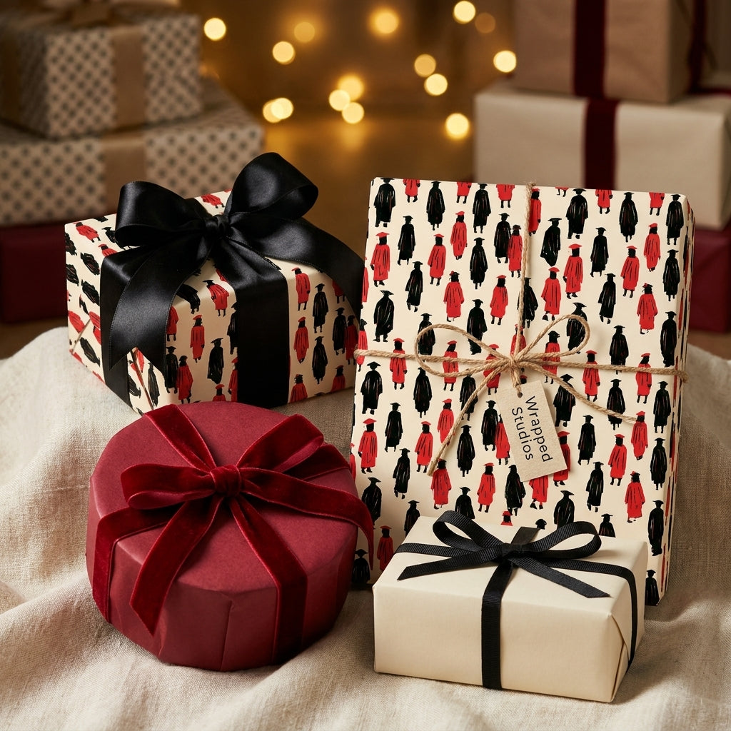 Graduation wrapping paper with black and red graduate pattern on gift boxes by Wrapped Studios.