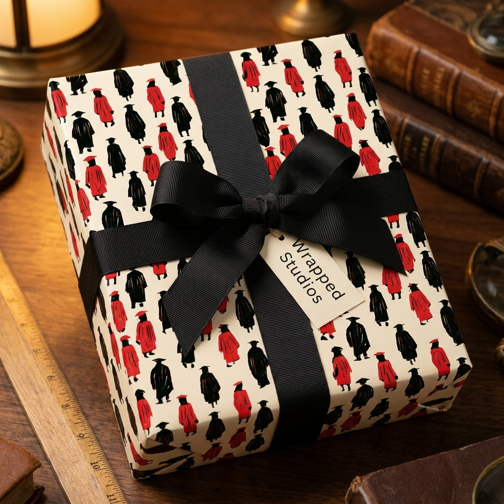 Graduation wrapping paper featuring red and black graduates with a black bow by Wrapped Studios.