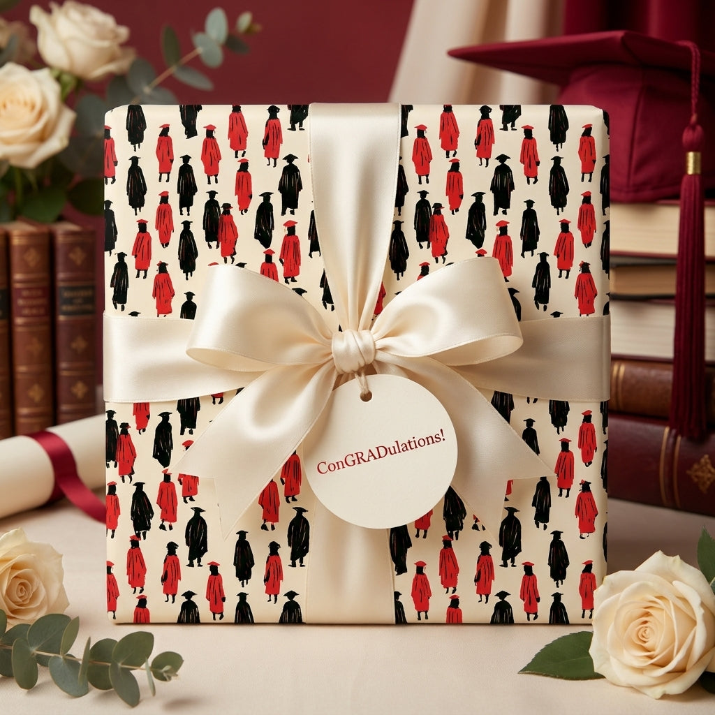 Graduation wrapping paper featuring black and red graduate pattern with cream satin bow by Wrapped Studios.