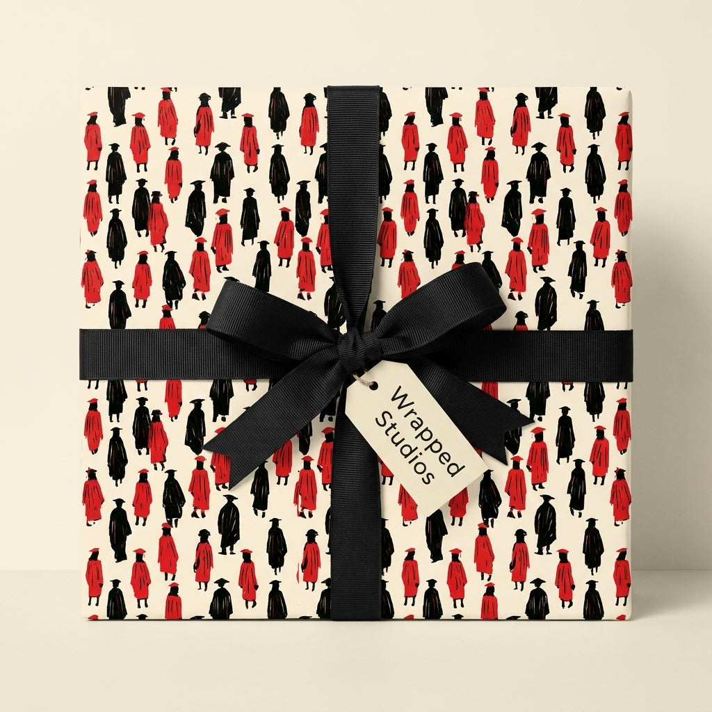 Graduation wrapping paper with red and black graduate pattern and black bow by Wrapped Studios.