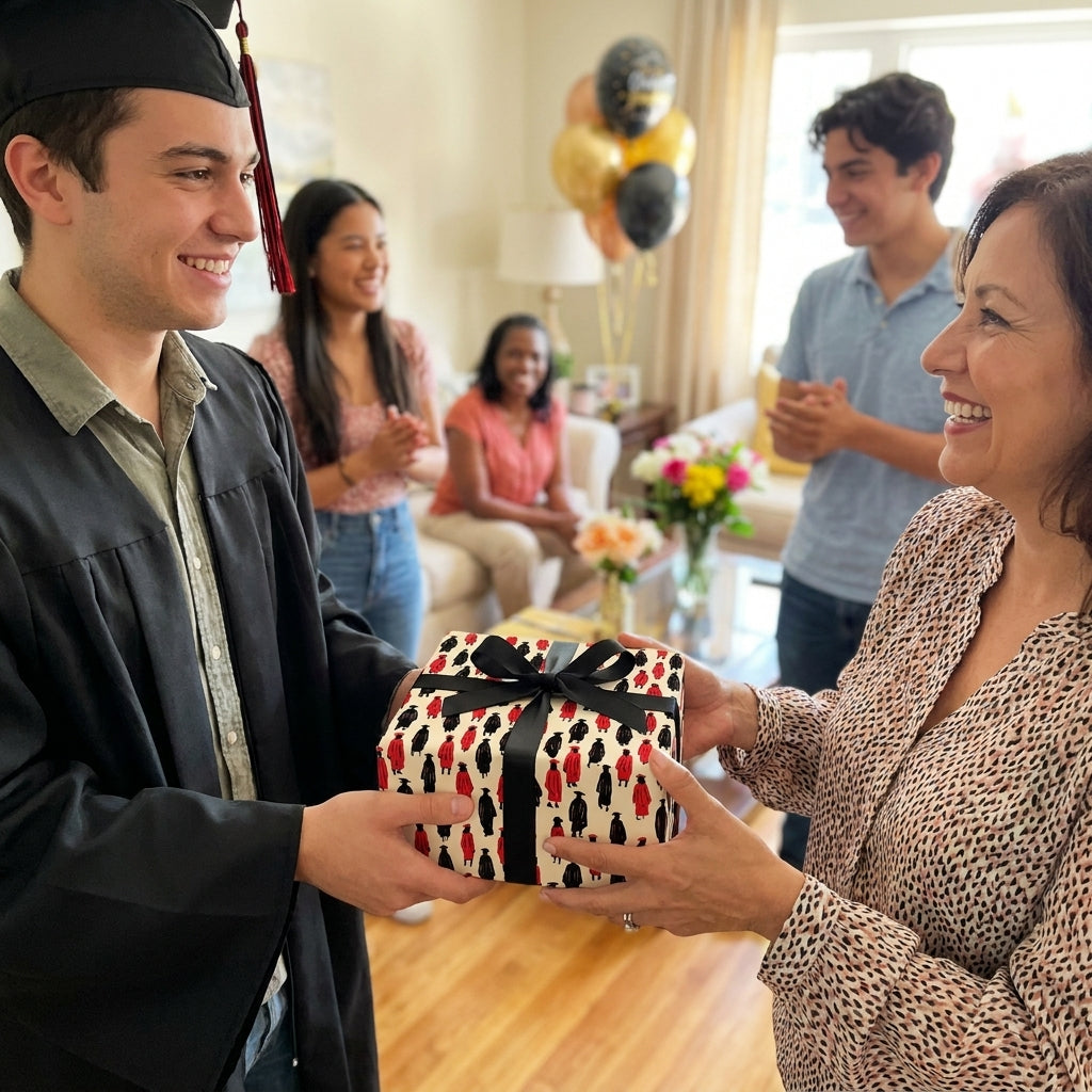 Graduate receiving a gift in red and black graduation wrapping paper with a black bow, from Wrapped Studios.