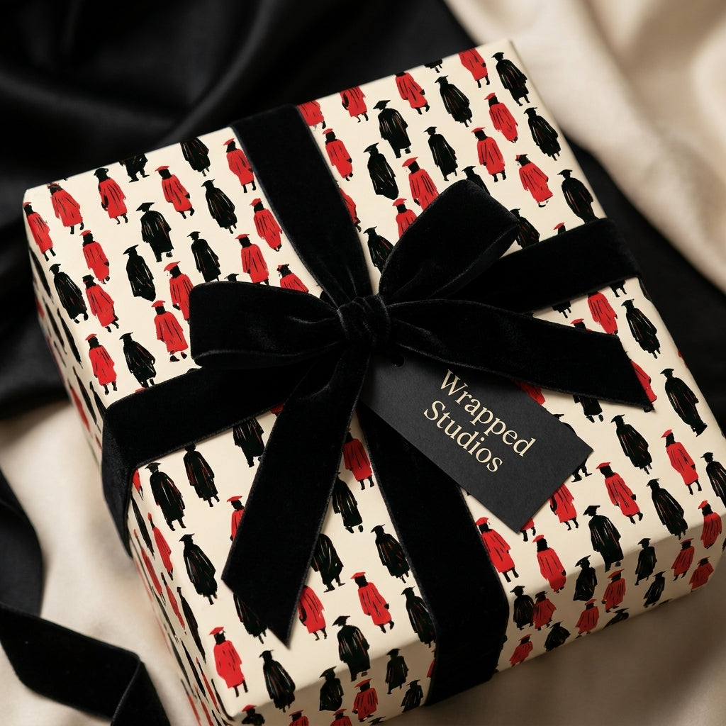 Graduation wrapping paper with red and black graduate print and black velvet bow by Wrapped Studios.