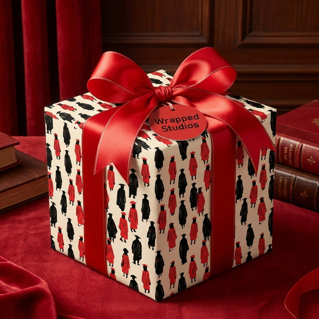 Graduation wrapping paper with red and black graduate pattern and red satin bow by Wrapped Studios.
