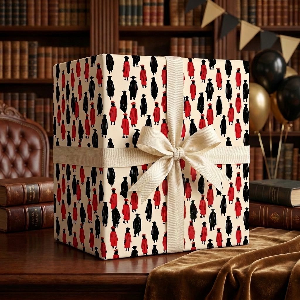 Graduation wrapping paper featuring caps and gowns pattern on a gift box with cream bow, by Wrapped Studios.