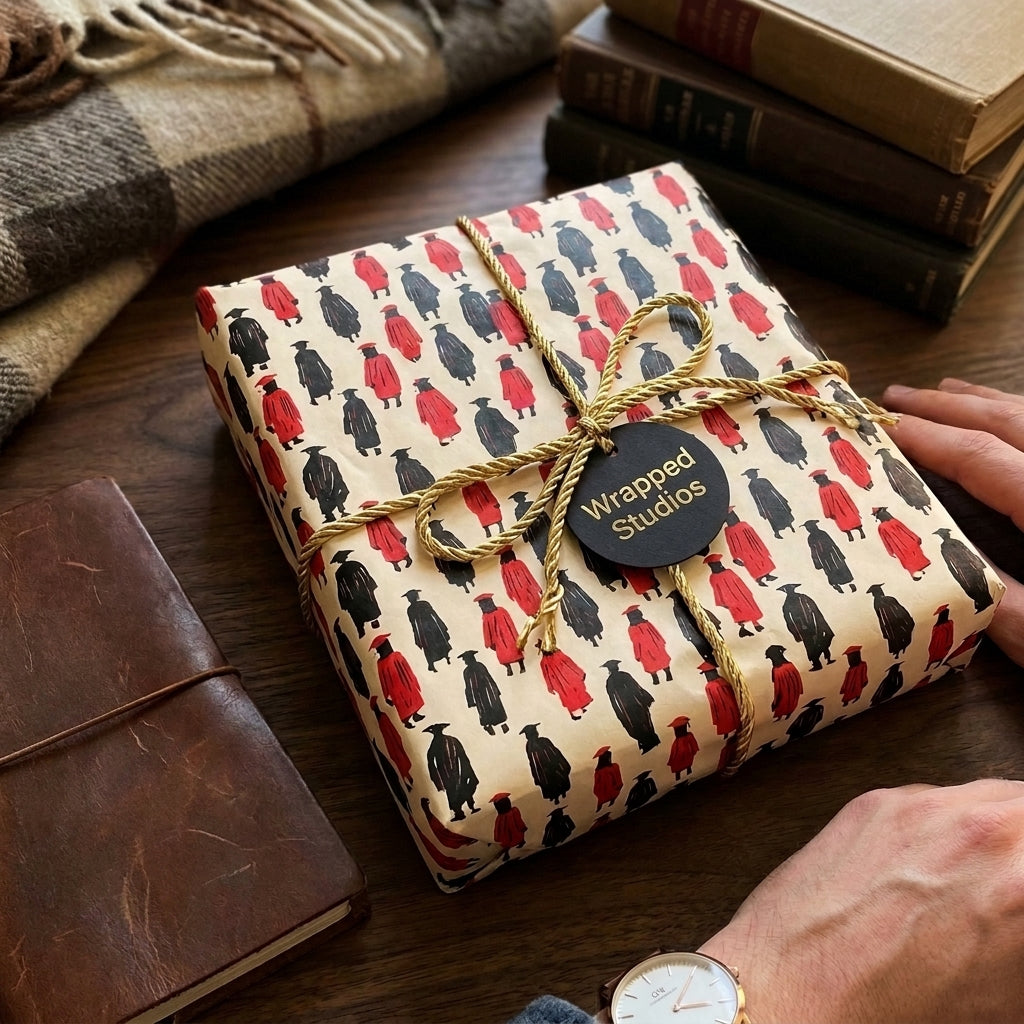 Graduation wrapping paper with red and black graduate pattern and gold cord bow, by Wrapped Studios.