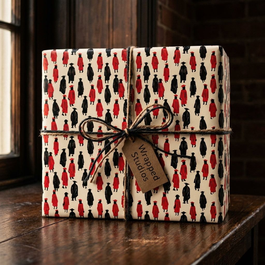 Graduation wrapping paper with red and black graduate pattern, tied with twine, by Wrapped Studios.
