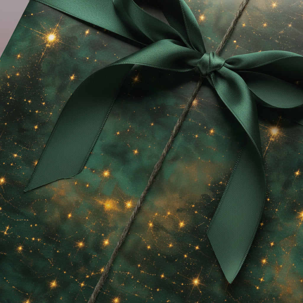 Elegant Christmas gift wrap with a green ribbon on celestial, starry night wrapping paper.