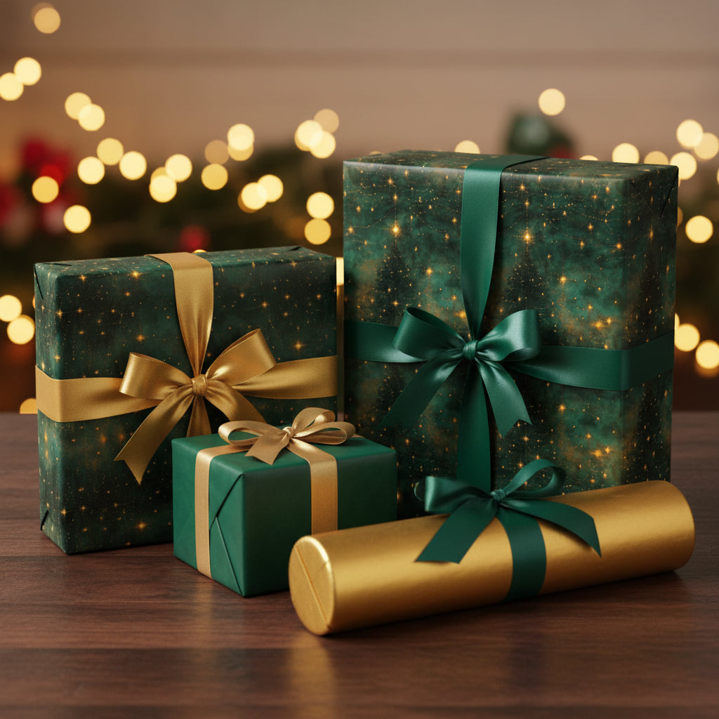 Elegant Christmas gifts wrapped in green and gold celestial pattern paper with ribbon bows.