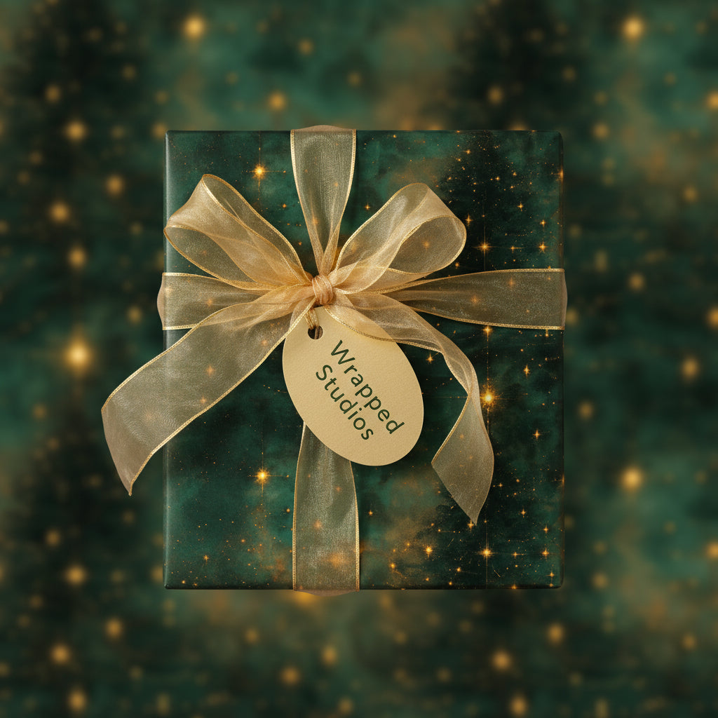 Elegant gift in deep green starry luxury wrapping paper with sheer gold ribbon and tag.