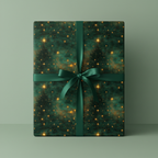 Elegant gift box with green starburst wrapping paper and satin ribbon bow.