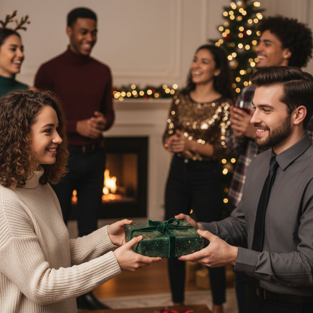 Exchanging Christmas gifts: Dark green holiday wrapping paper with velvet ribbon at party.