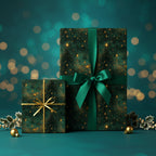 Elegant Christmas gift wrap: green and gold star pattern with ribbon, festive holiday backdrop.
