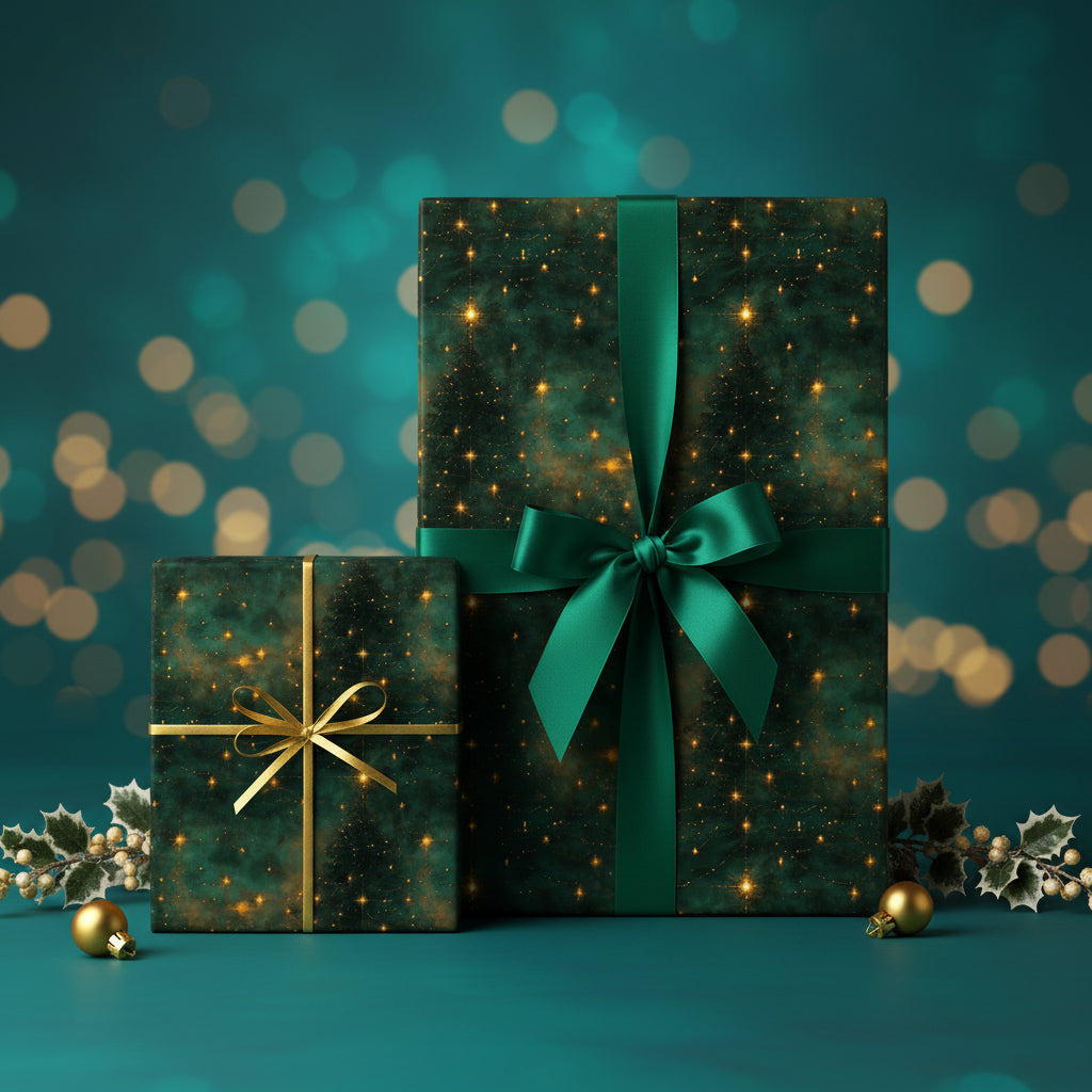 Elegant Christmas gift wrap: green and gold star pattern with ribbon, festive holiday backdrop.