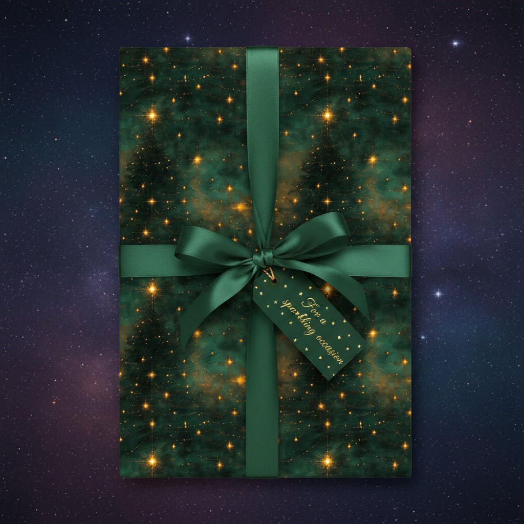 Elegant emerald green gift wrap with gold stars and ribbon, perfect for a sparkling Christmas occasion.
