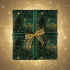 Elegant Christmas gift wrap: Emerald green paper with gold star pattern, topped with a gold bow and dark green ribbon.