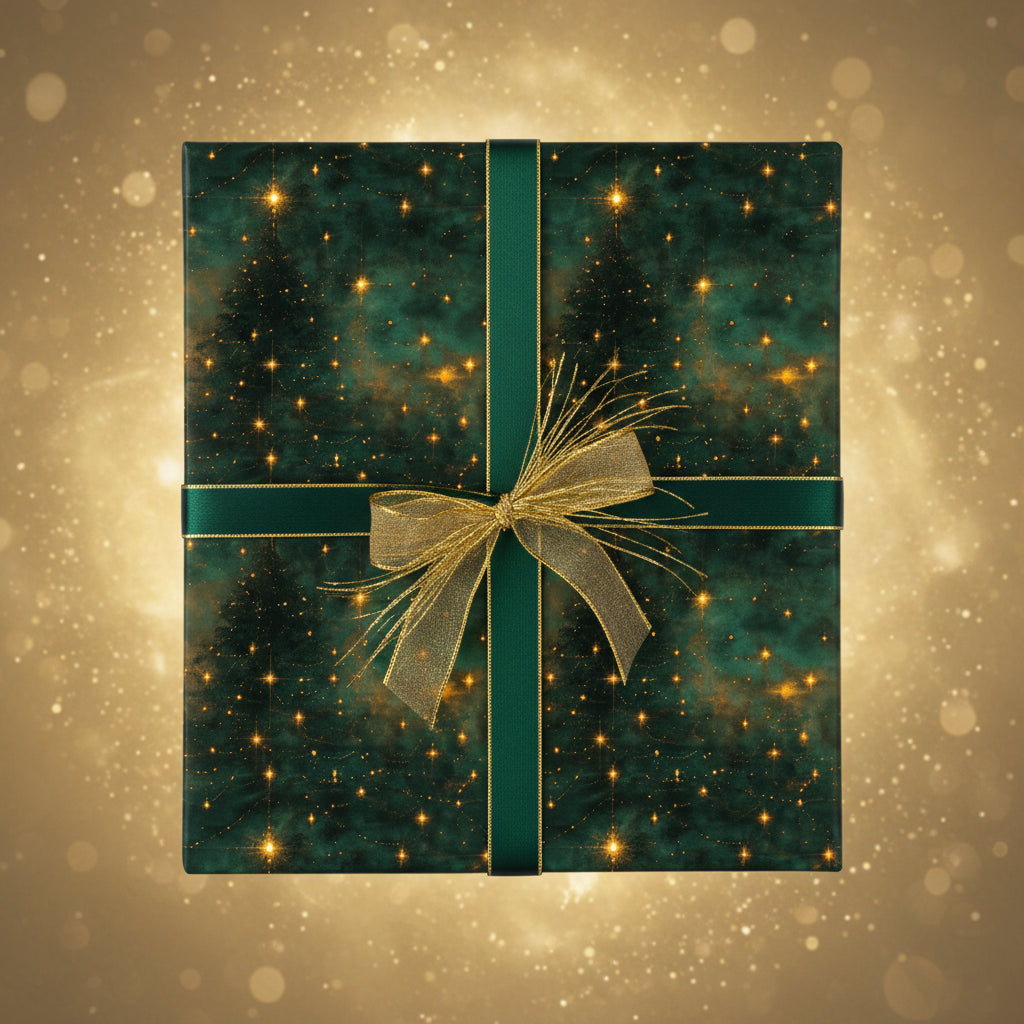 Elegant Christmas gift wrap: Emerald green paper with gold star pattern, topped with a gold bow and dark green ribbon.