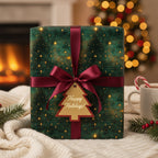 Elegant Christmas gift wrapped in green starburst paper with a burgundy ribbon and "Happy Holidays" tag.