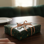 Elegant gift wrapped in dark green wrapping paper with gold starburst pattern, tied with a gold ribbon.