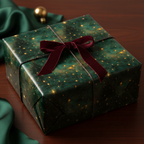 Elegant Christmas gift wrapped in dark green starry wrapping paper with burgundy velvet ribbon.
