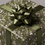 Close-up of a gift wrapped in modern green mosaic wrapping paper with a matching green ribbon and bow.