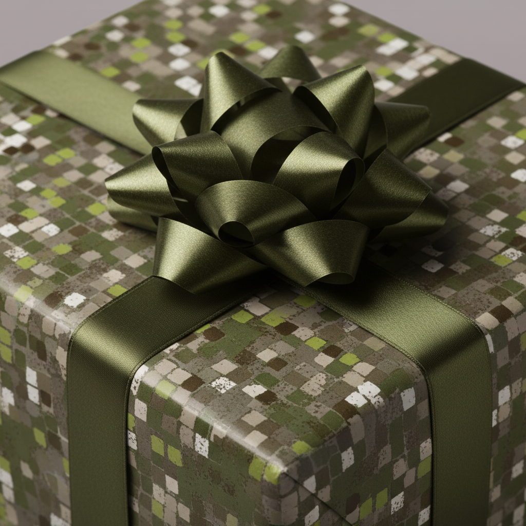 Close-up of a gift wrapped in modern green mosaic wrapping paper with a matching green ribbon and bow.
