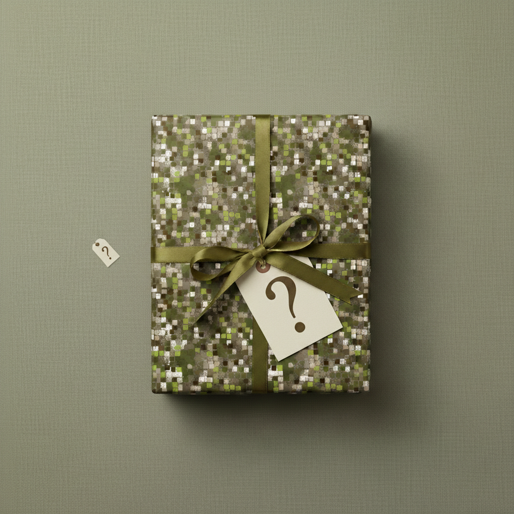 Olive green gift wrap with a geometric mosaic pattern and ribbon; mystery gift tag with question mark.