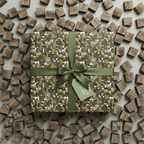 Modern gift wrapped in earthy green pixel pattern wrapping paper with ribbon and scattered wooden blocks.