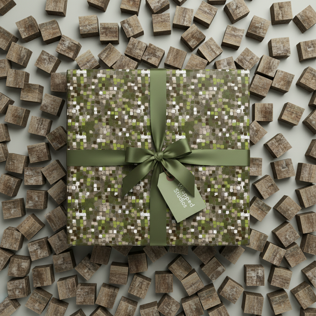 Modern gift wrapped in earthy green pixel pattern wrapping paper with ribbon and scattered wooden blocks.