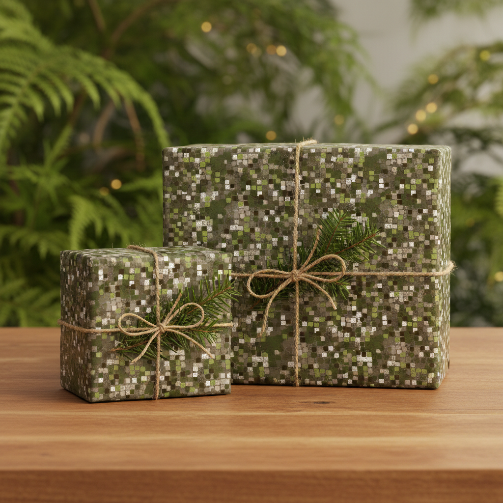 Two gifts wrapped in modern green pixel wrapping paper with twine bows and evergreen sprigs.