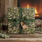 Rustic gift wrapped in woodland-themed wrapping paper with green ribbon and "From nature's heart" tag.