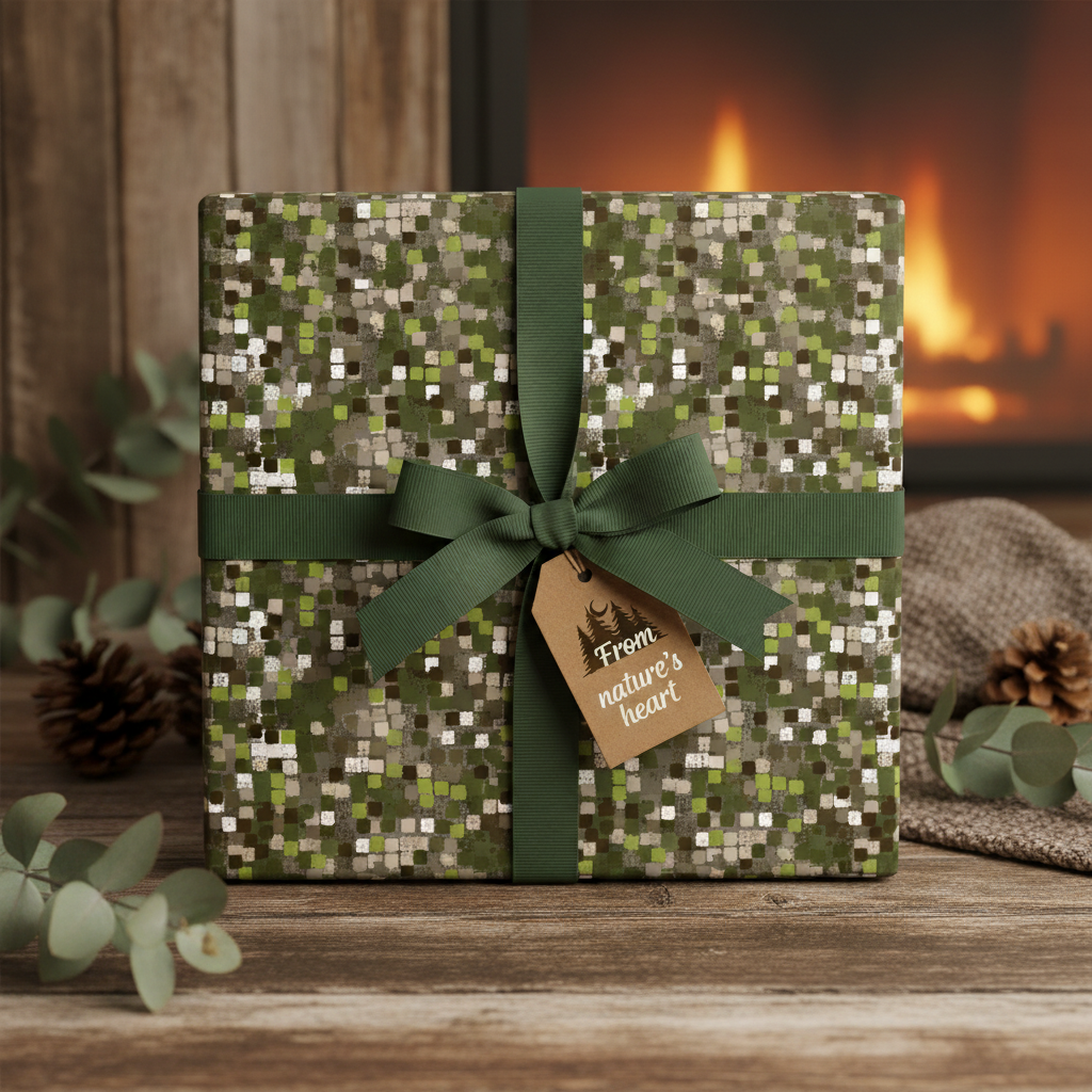 Rustic gift wrapped in woodland-themed wrapping paper with green ribbon and "From nature's heart" tag.