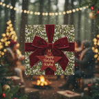Square gift wrapped in modern mosaic Christmas wrapping paper with velvet ribbon and "Happy Holiday Wishes" tag.