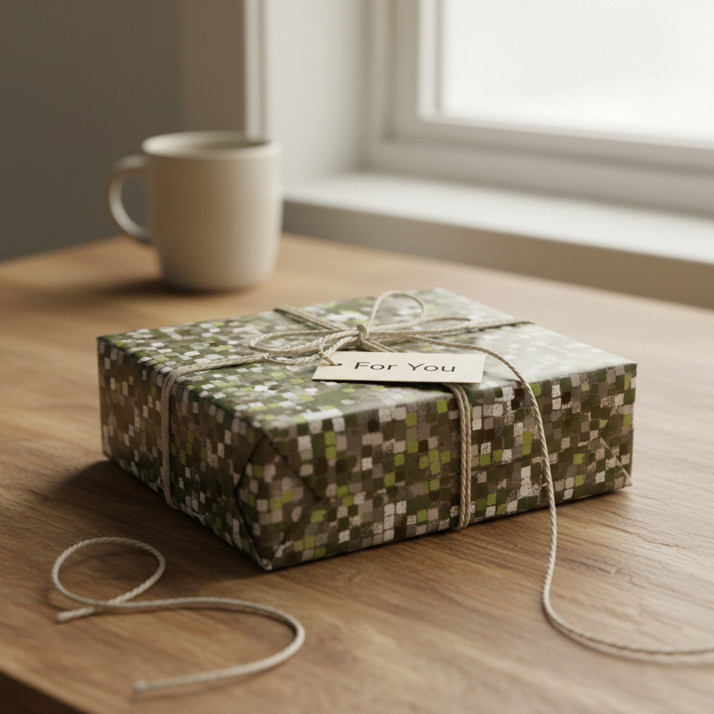 Square gift wrapped in modern pixelated green wrapping paper with string and "For You" tag.