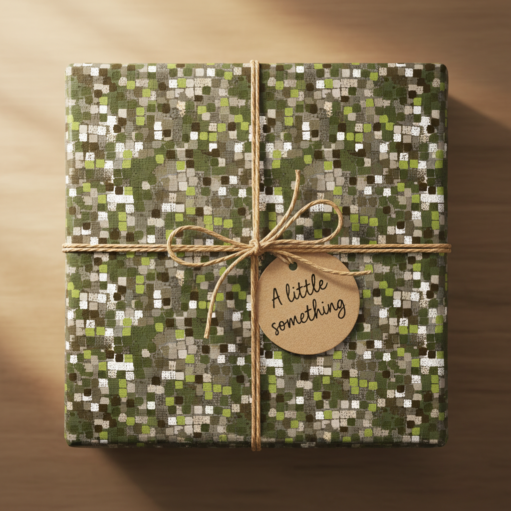 Square gift wrapped in modern green mosaic wrapping paper with simple twine bow and tag.