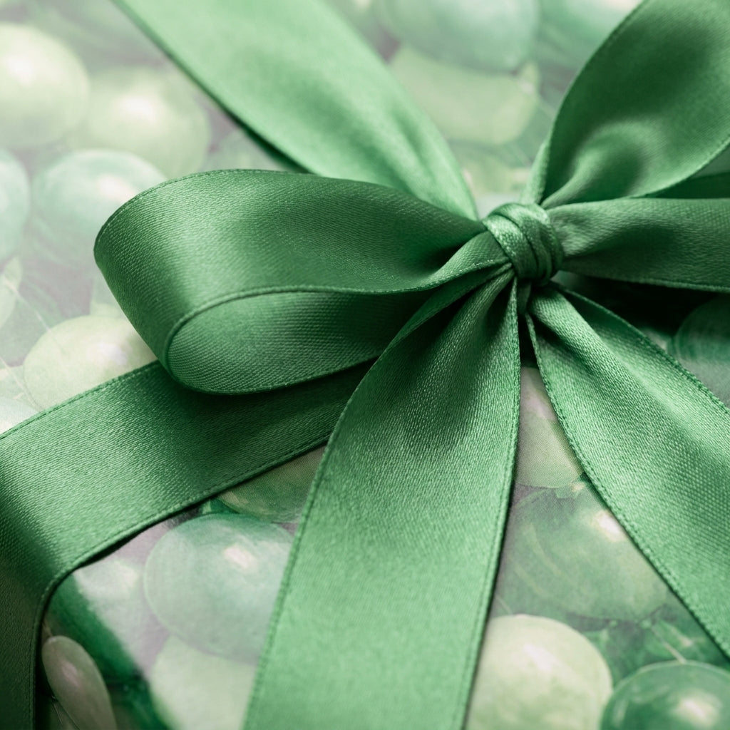 Elegant green grape pattern wrapping paper with a satin ribbon bow by Wrapped Studios.