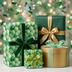 Green balloon wrapping paper and luxury gift wrap with velvet bows by Wrapped Studios.